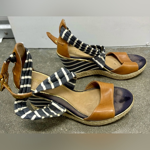 Sperry Top Sider Aurora Blue White Cross Striped Leather Wedge Sandals Size 8 - Picture 2 of 15